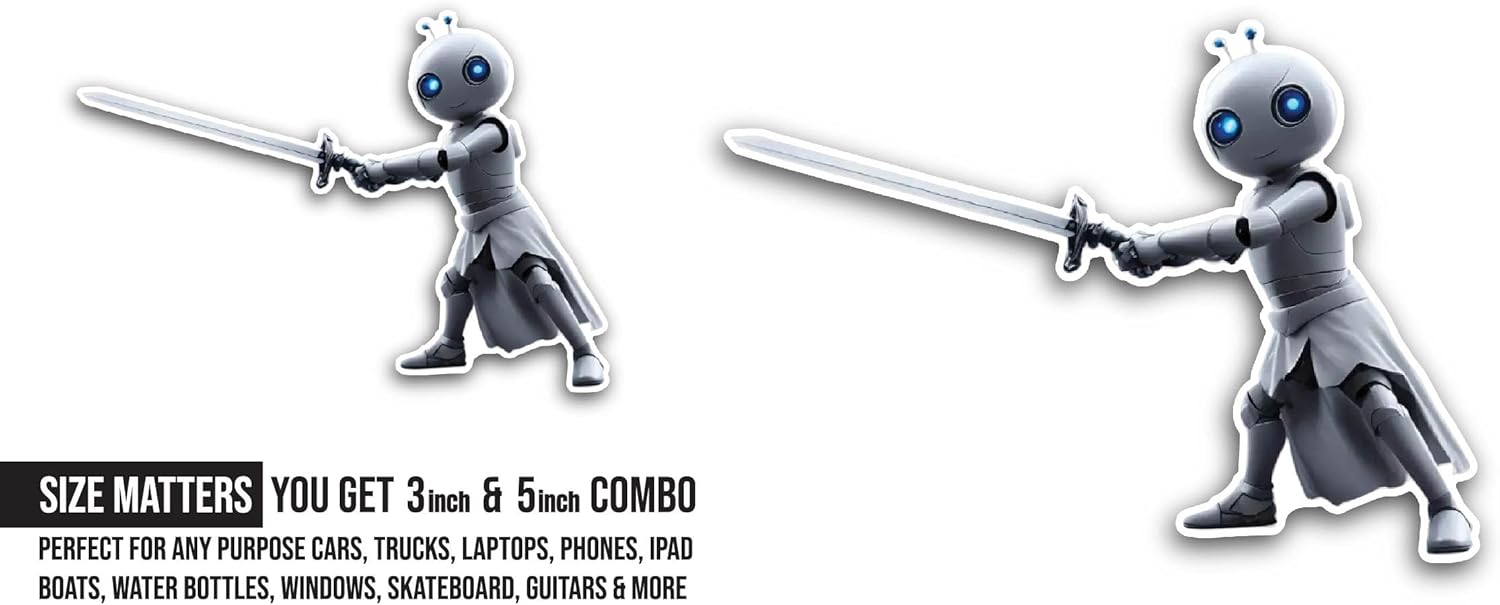 2 (Pieces) 3" and 5" Cute Robot with Sword Sticker, Waterproof Vinyl Decals for Many Purpose Like Cars, Trucks, Laptops, Phones, Windows and More
