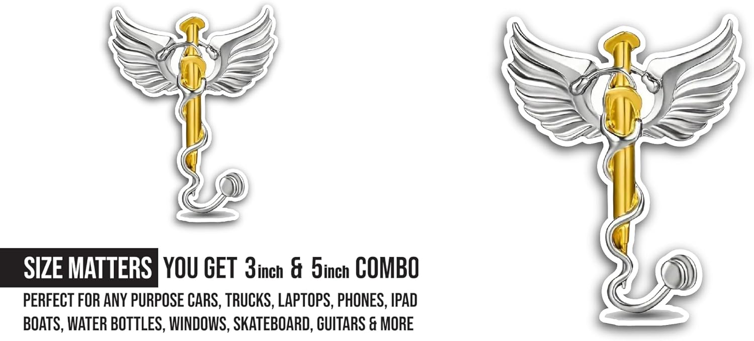 2 (Pieces) 3" and 5" Gold Silver Caduceus Medical Symbol Sticker, Waterproof Vinyl Decals for Many Purpose Like Cars, Trucks, Laptops, Phones, Windows and More