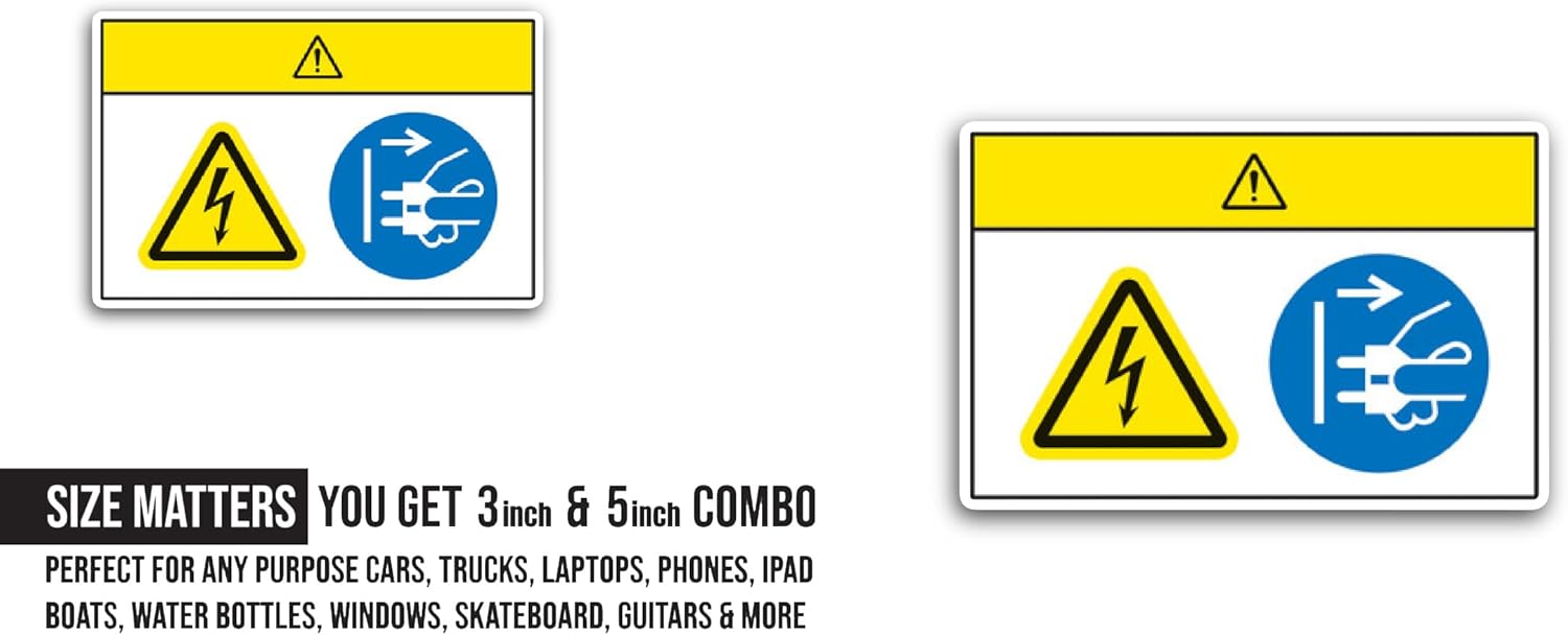 2 (Pieces) 3" and 5" Caution Hazardous Voltage Disconnect Mains Plug Sticker, Waterproof Vinyl Decals for Many Purpose Like Cars, Trucks, Laptops, Phones, Windows and More