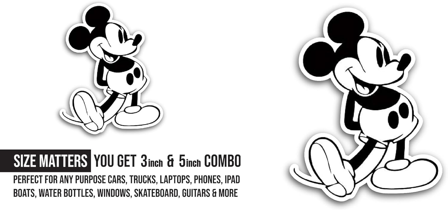 2 (Pieces) 3" and 5" Black and White Mouse Cartoon Character Sticker, Waterproof Vinyl Decals for Many Purpose Like Cars, Trucks, Laptops, Phones, Windows and More