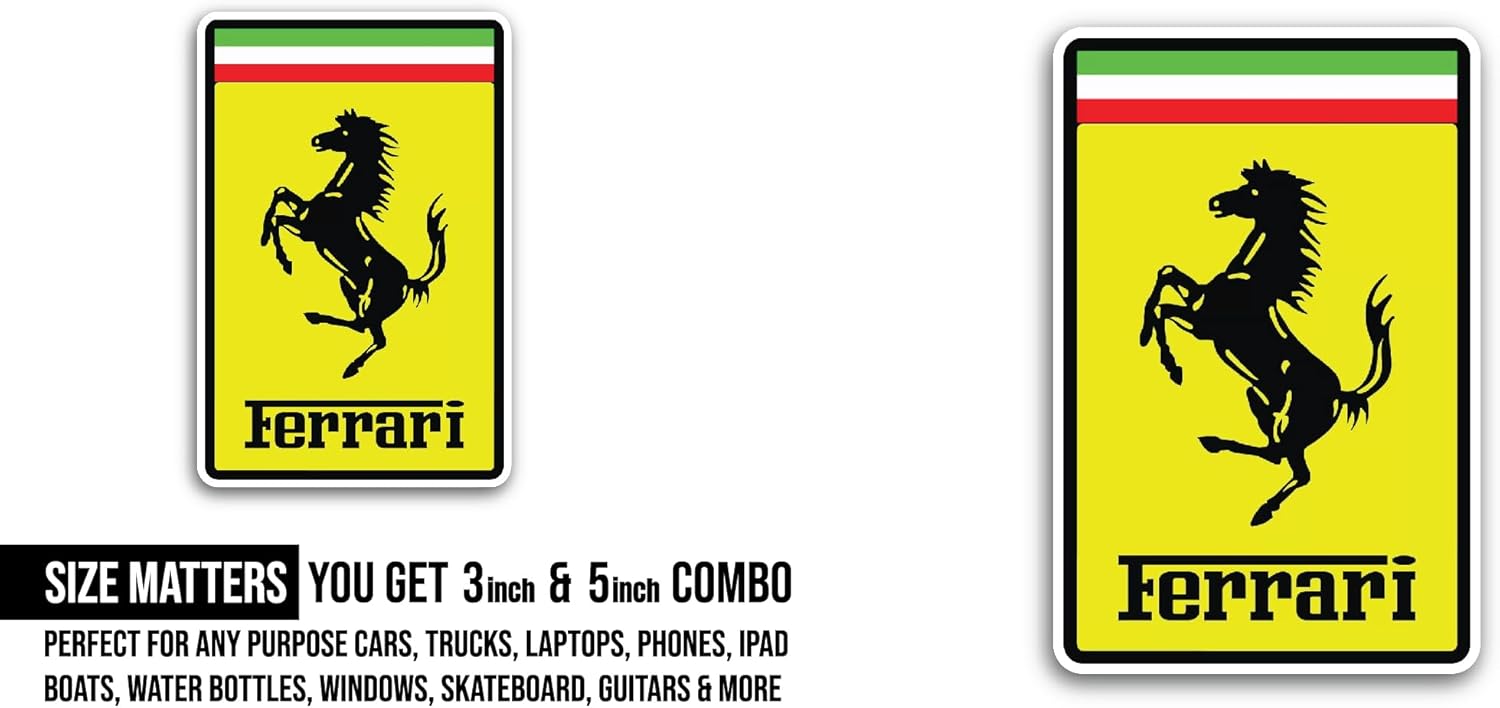 2 (Pieces) 3" and 5" F E R R A R I Sticker, Waterproof Vinyl Decals for Many Purpose Like Cars, Trucks, Laptops, Phones, Windows and More
