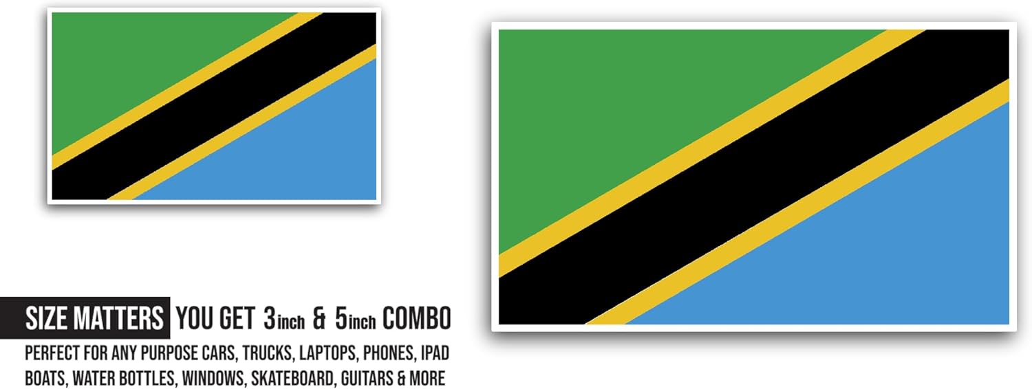 2 (Pieces) 3" and 5" Tanzania Flag Sticker, Waterproof Vinyl Decals for Many Purpose Like Cars, Trucks, Laptops, Phones, Windows and More