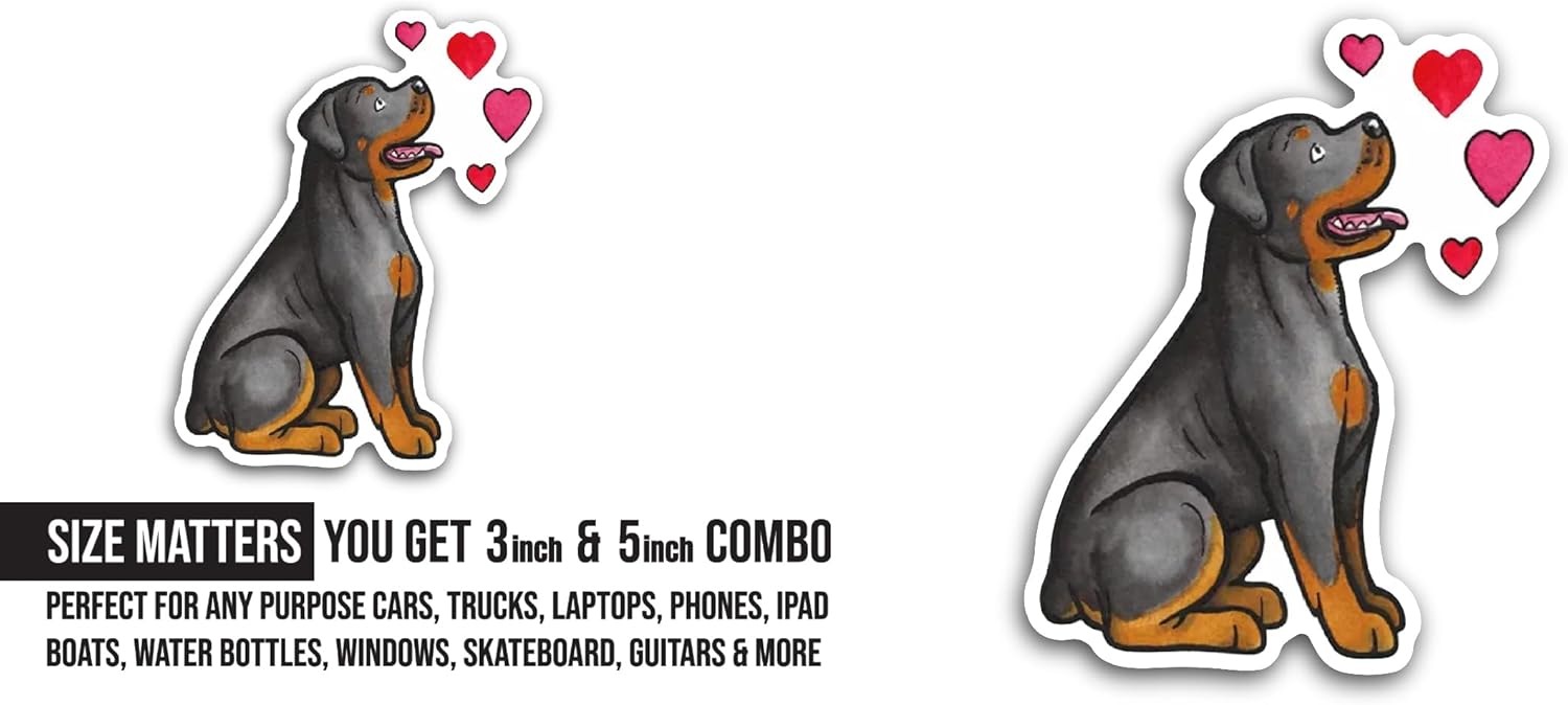 2 (Pieces) 3" and 5" Rottweiler Dog Love Sticker, Waterproof Vinyl Decals for Many Purpose Like Cars, Trucks, Laptops, Phones, Windows and More