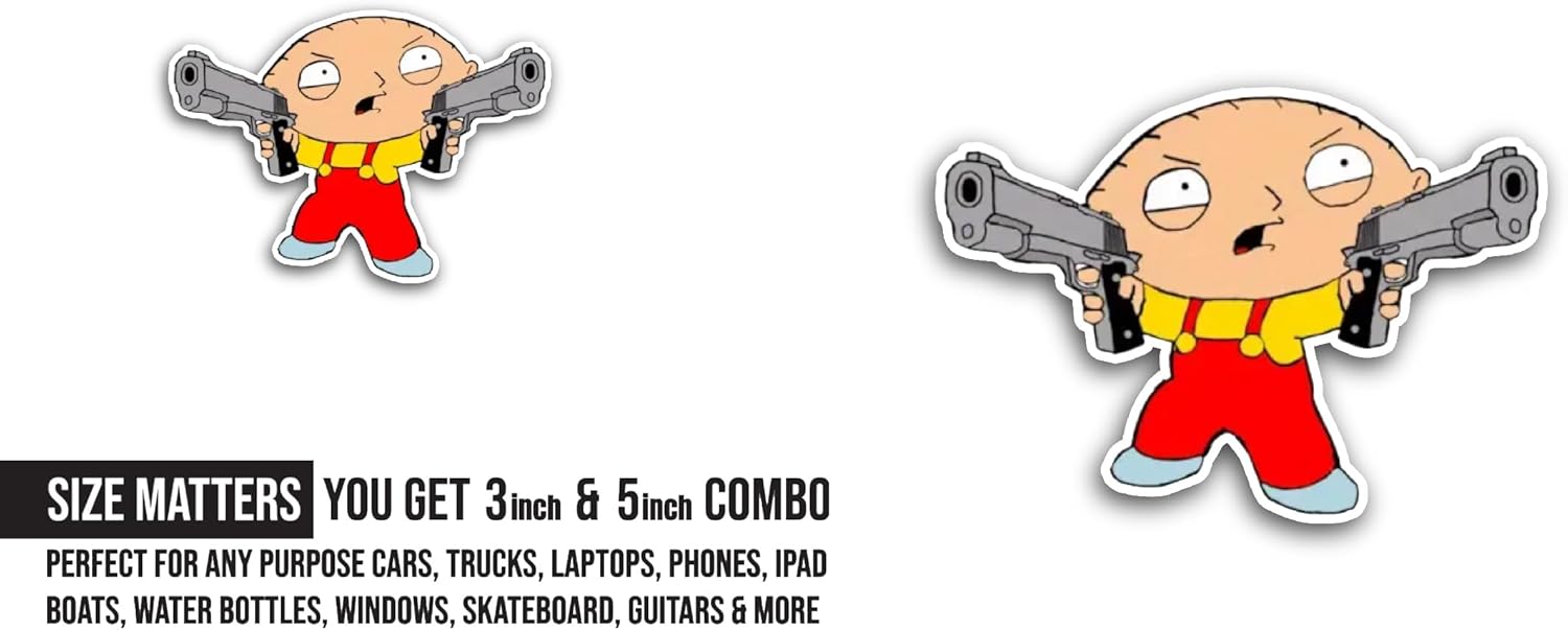 2 (Pieces) 3" and 5" Cartoon Man with Guns Sticker, Waterproof Vinyl Decals for Many Purpose Like Cars, Trucks, Laptops, Phones, Windows and More