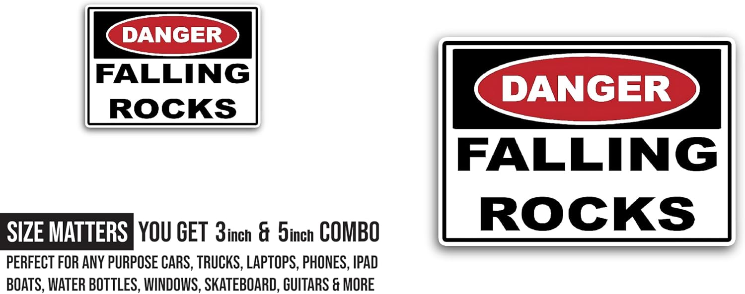 2 (Pieces) 3" and 5" Falling Rocks Sticker, Waterproof Vinyl Decals for Many Purpose Like Cars, Trucks, Laptops, Phones, Windows and More
