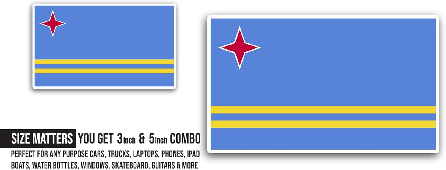 2 (Pieces) 3" and 5" Aruba Flag Sticker, Waterproof Vinyl Decals for Many Purpose Like Cars, Trucks, Laptops, Phones, Windows and More