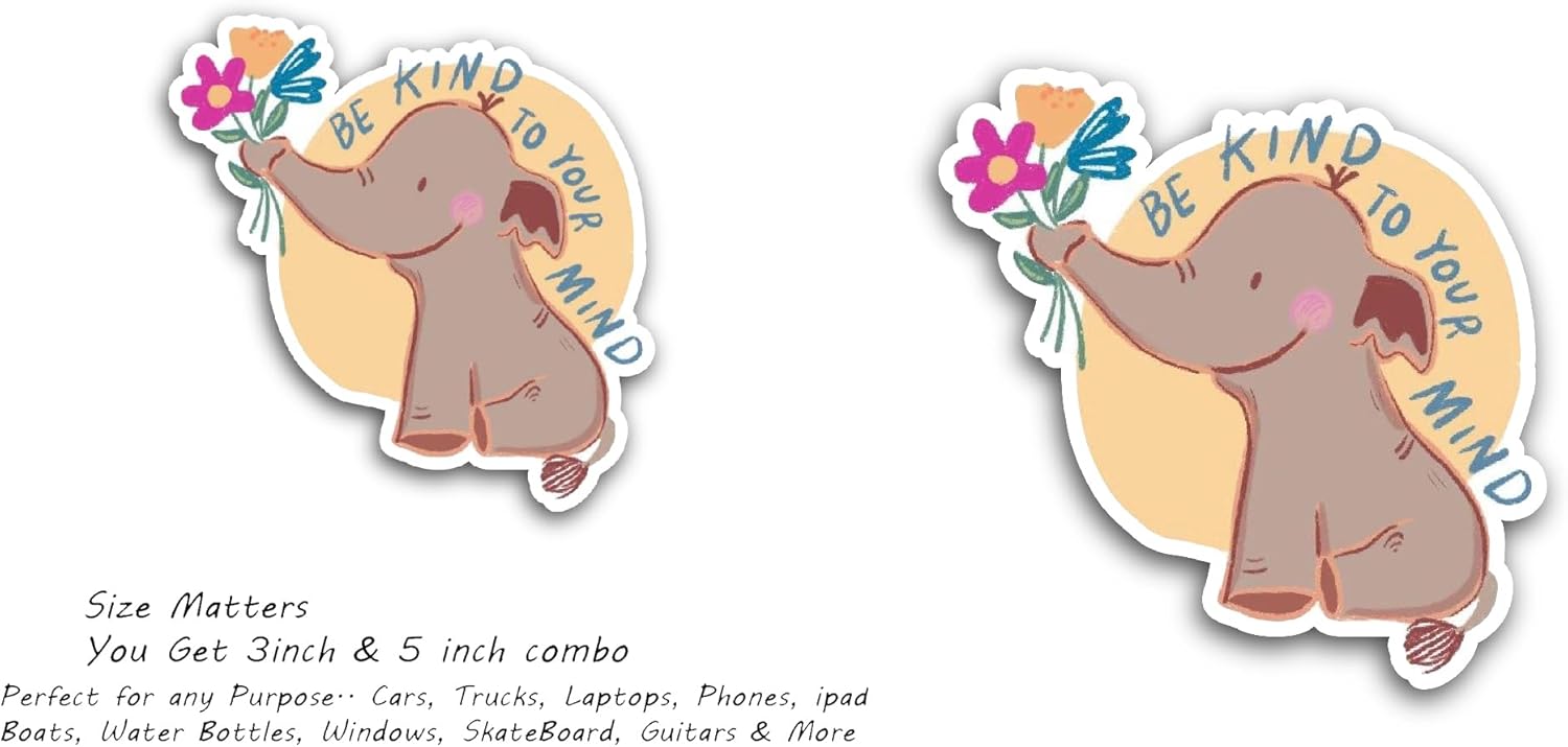 2 (Pieces) 3" and 5" Elephant Holding A Bunch of Flowers Sticker, Waterproof Vinyl Decals for Many Purpose Like Cars, Trucks, Laptops, Phones, Windows and More