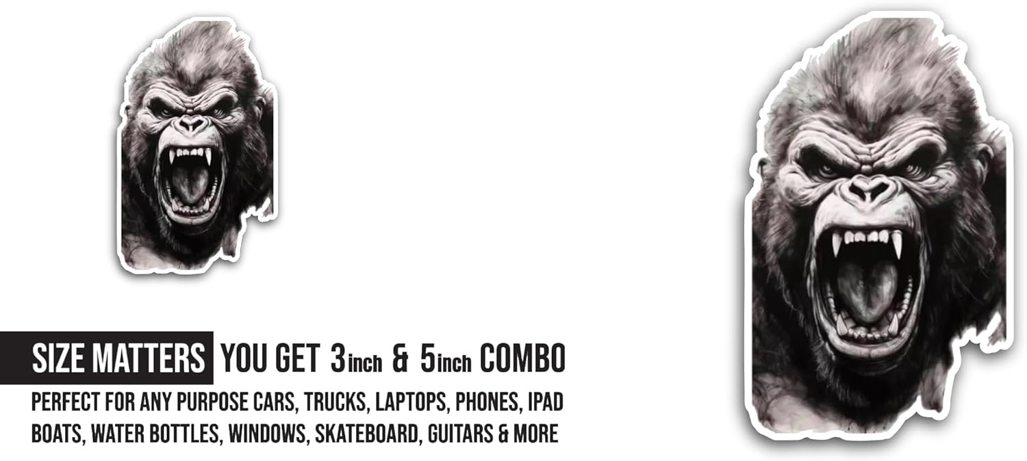 2 (Pieces) 3" and 5" Gorilla Head Sticker, Waterproof Vinyl Decals for Many Purpose Like Cars, Trucks, Laptops, Phones, Windows and More (Copy)