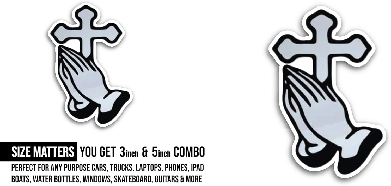 2 (Pieces) 3" and 5" Praying Hands Sticker, Waterproof Vinyl Decals for Many Purpose Like Cars, Trucks, Laptops, Phones, Windows and More