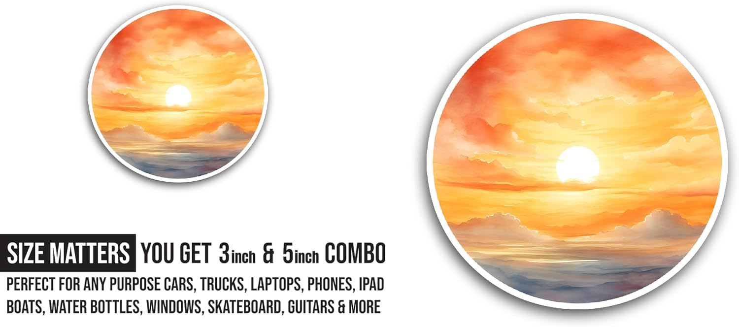 2 (Pieces) 3" and 5" Tropical Sunset Sticker, Waterproof Vinyl Decals for Many Purpose Like Cars, Trucks, Laptops, Phones, Windows and More