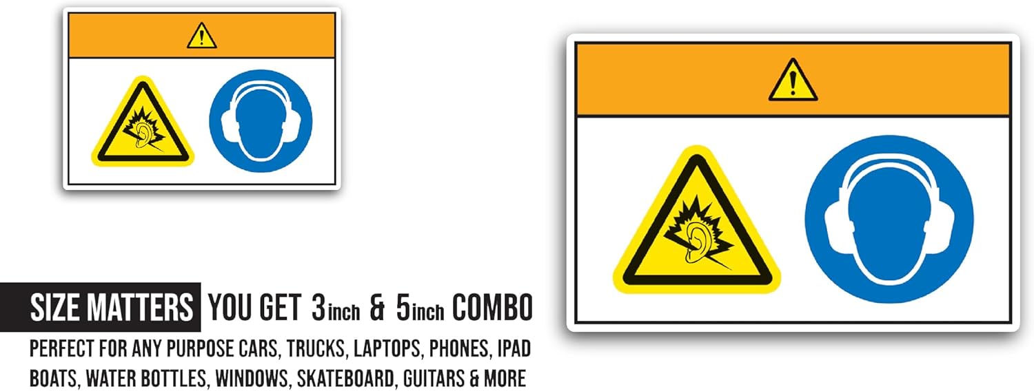 2 (Pieces) 3" and 5" Warning/Noise Hazard Sticker, Waterproof Vinyl Decals for Many Purpose Like Cars, Trucks, Laptops, Phones, Windows and More