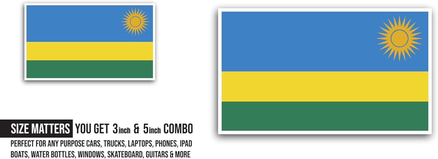 2 (Pieces) 3" and 5" Ruwanda Flag Sticker, Waterproof Vinyl Decals for Many Purpose Like Cars, Trucks, Laptops, Phones, Windows and More
