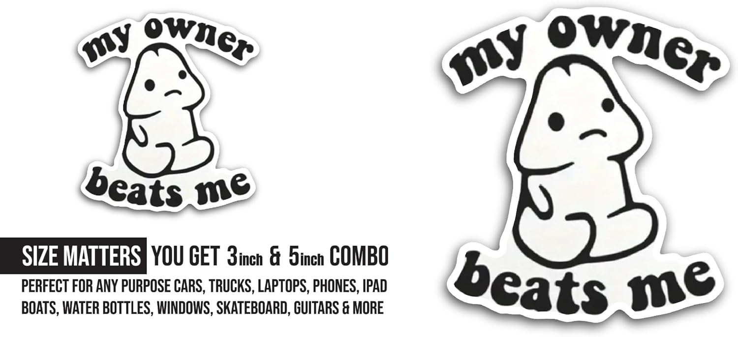 2 (Pieces) 3" and 5" My Owner Beats Me Sticker, Waterproof Vinyl Decals for Many Purpose Like Cars, Trucks, Laptops, Phones, Windows and More