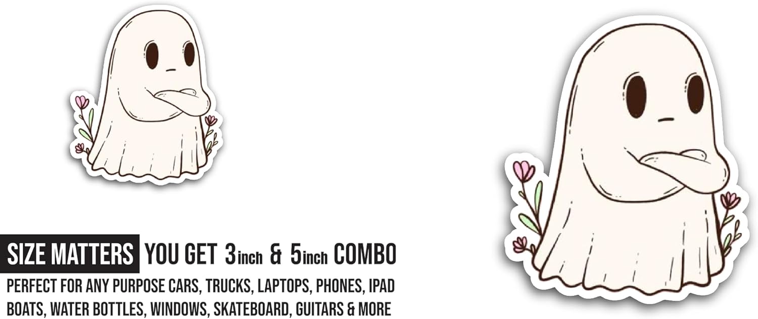 2 (Pieces) 3" and 5" Cute Little Ghost Sticker, Waterproof Vinyl Decals for Many Purpose Like Cars, Trucks, Laptops, Phones, Windows and More