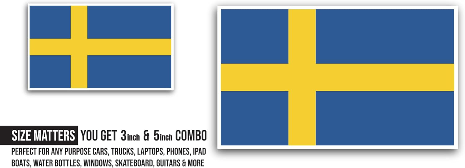 2 (Pieces) 3" and 5" Sweden Flag Sticker, Waterproof Vinyl Decals for Many Purpose Like Cars, Trucks, Laptops, Phones, Windows and More