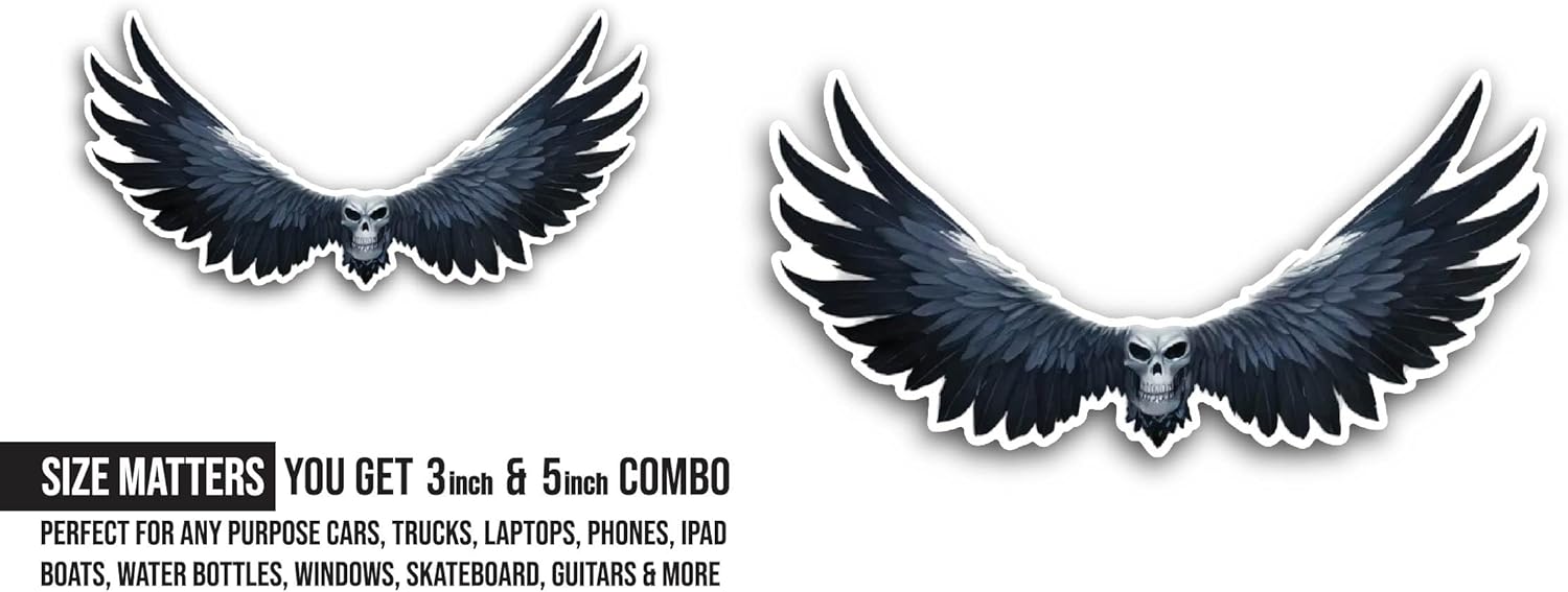 2 (Pieces) 3" and 5" Skull Head with Wings Sticker, Waterproof Vinyl Decals for Many Purpose Like Cars, Trucks, Laptops, Phones, Windows and More