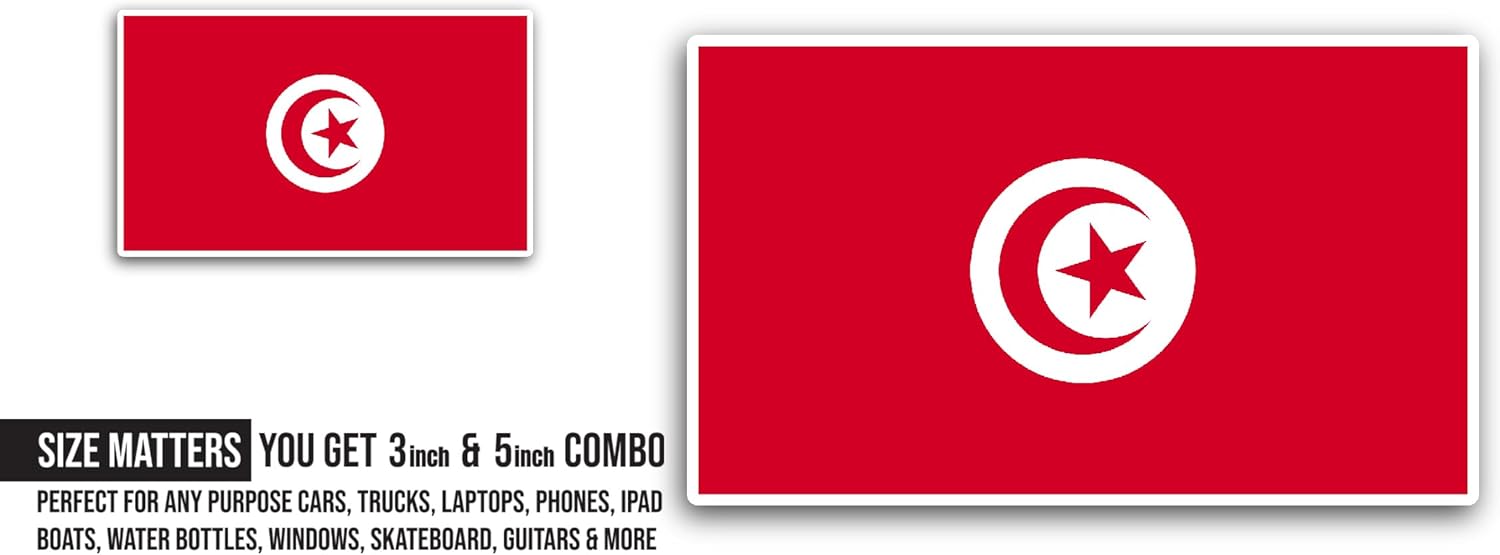 2 (Pieces) 3" and 5" Tunisia Flag Sticker, Waterproof Vinyl Decals for Many Purpose Like Cars, Trucks, Laptops, Phones, Windows and More