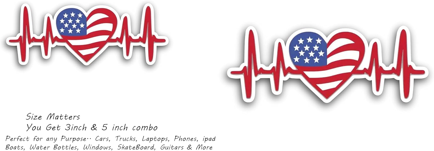 2 (Pieces) 3" and 5" Heart Rate Desing in American Flag Color Decal Sticker, Waterproof Vinyl Decals for Many Purpose Like Cars, Trucks, Laptops, Phones, Windows and More