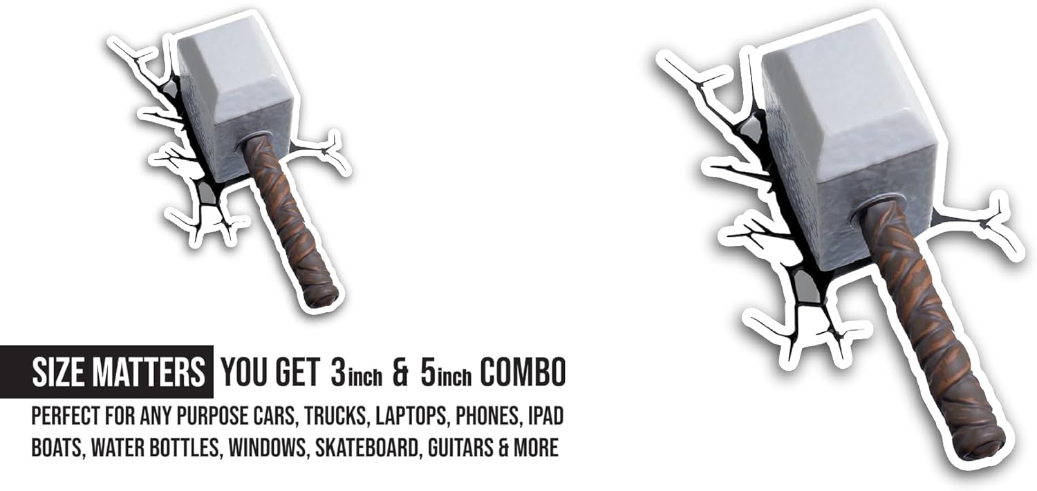 2 (Pieces) 3" and 5" Mighty Hammer Sticker, Waterproof Vinyl Decals for Many Purpose Like Cars, Trucks, Laptops, Phones, Windows and More