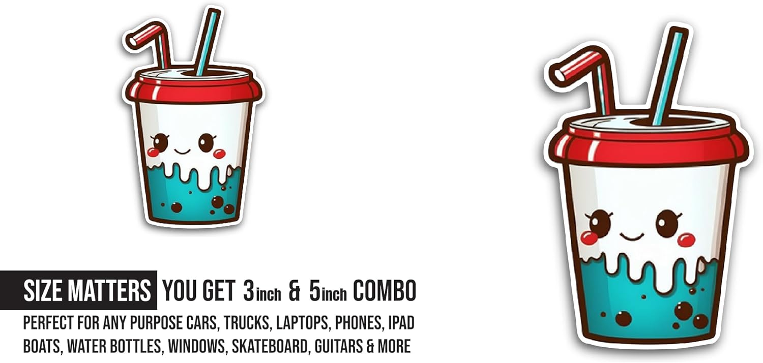 2 (Pieces) 3" and 5" Boba Drink Sticker, Waterproof Vinyl Decals for Many Purpose Like Cars, Trucks, Laptops, Phones, Windows and More