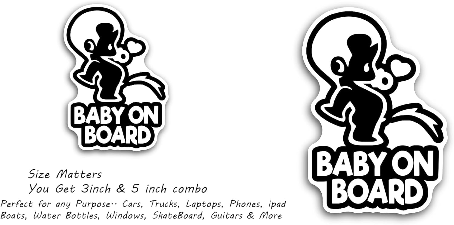 2 (Pieces) 3" and 5" Baby On Board Black Sticker, Waterproof Vinyl Decals for Many Purpose Like Cars, Trucks, Laptops, Phones, Windows and More