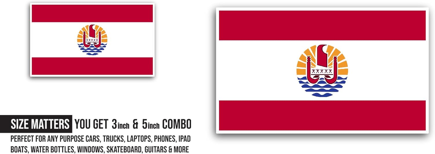 2 (Pieces) 3" and 5" French Polynesia Flag Sticker, Waterproof Vinyl Decals for Many Purpose Like Cars, Trucks, Laptops, Phones, Windows and More