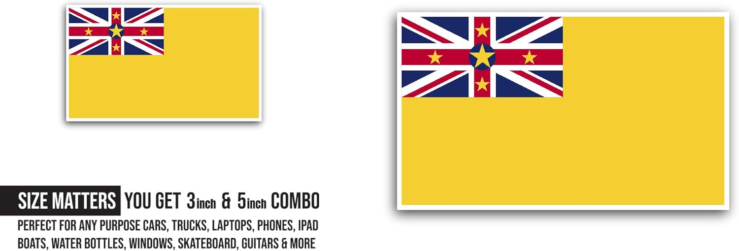 2 (Pieces) 3" and 5" Niue Flag Sticker, Waterproof Vinyl Decals for Many Purpose Like Cars, Trucks, Laptops, Phones, Windows and More