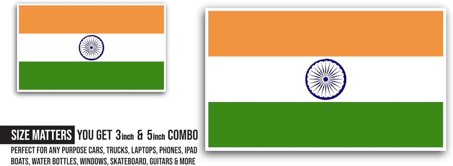 2 (Pieces) 3" and 5" India Flag Sticker, Waterproof Vinyl Decals for Many Purpose Like Cars, Trucks, Laptops, Phones, Windows and More