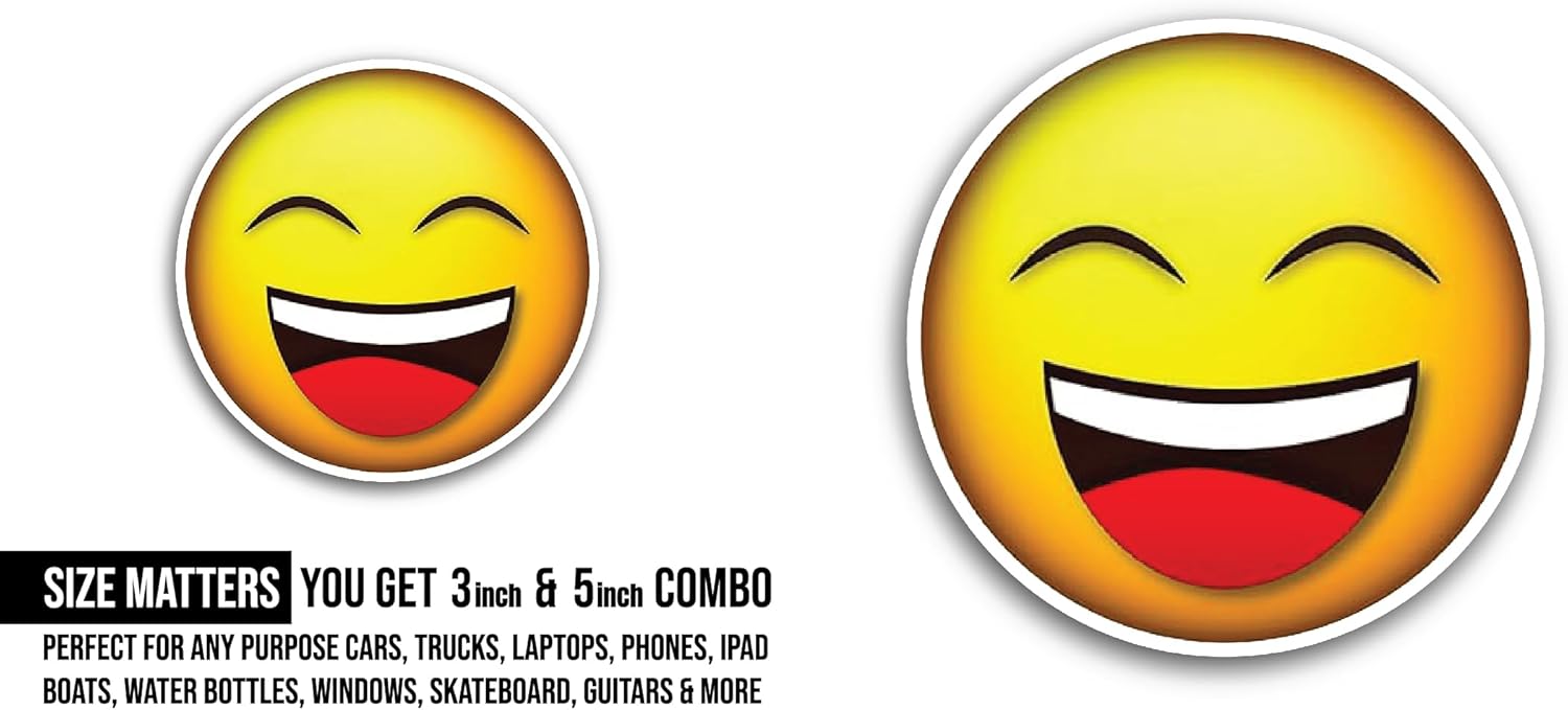 2 (Pieces) 3" and 5" Laughing Yellow Face Sticker, Waterproof Vinyl Decals for Many Purpose Like Cars, Trucks, Laptops, Phones, Windows and More