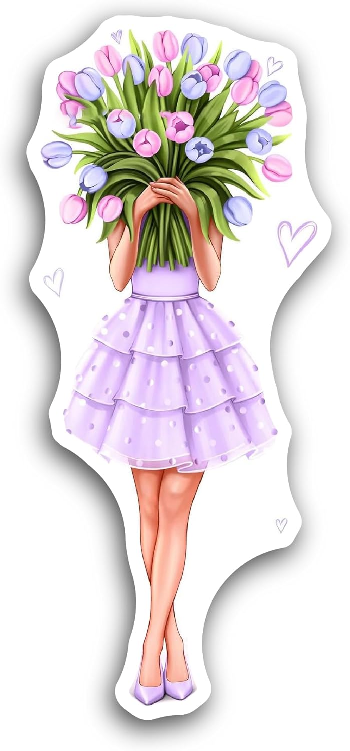 2 (Pieces) 3" and 5" Girl with Flower Bouquet Sticker, Waterproof Vinyl Decals for Many Purpose Like Cars, Trucks, Laptops, Phones, Windows and More