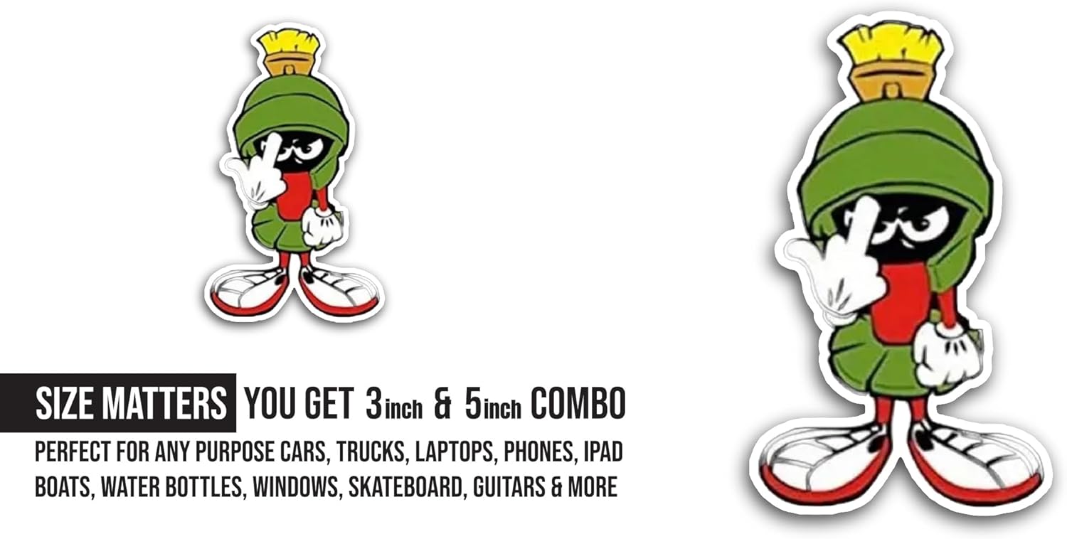2 (Pieces) 3" and 5" Cartoon Character with Green Helmet Sticker, Waterproof Vinyl Decals for Many Purpose Like Cars, Trucks, Laptops, Phones, Windows and More
