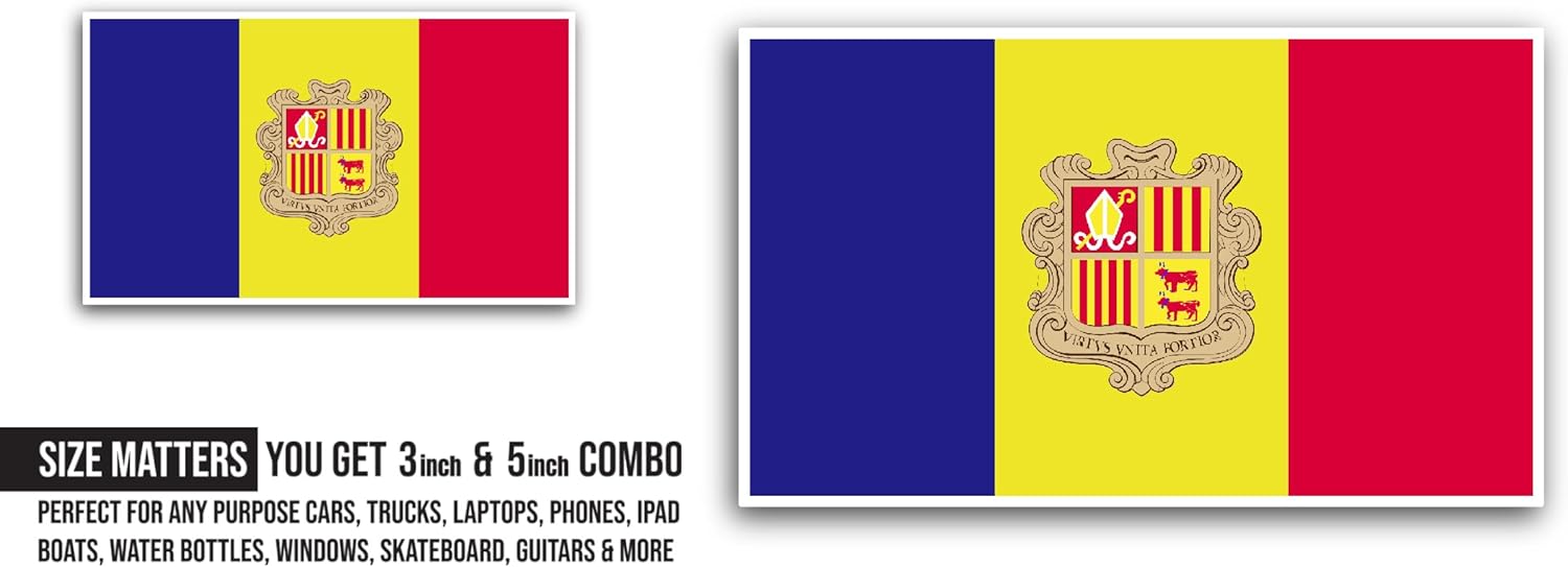 2 (Pieces) 3" and 5" Andorra Flag Sticker, Waterproof Vinyl Decals for Many Purpose Like Cars, Trucks, Laptops, Phones, Windows and More