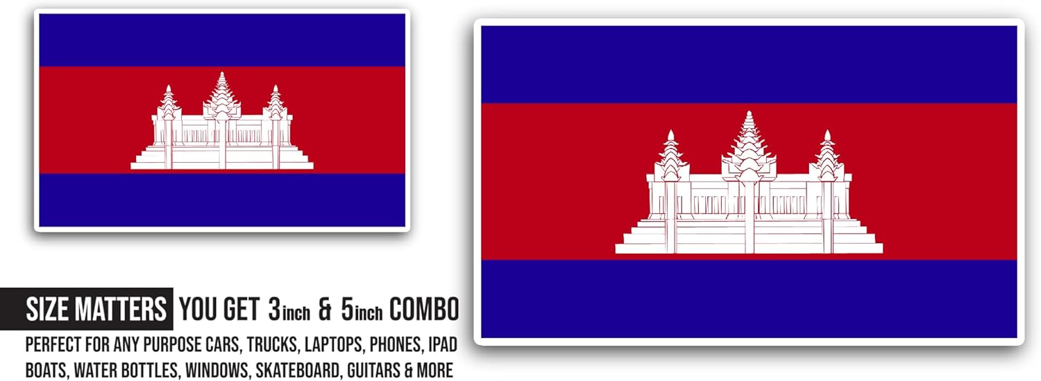 2 (Pieces) 3" and 5" Cambodia Flag Sticker, Waterproof Vinyl Decals for Many Purpose Like Cars, Trucks, Laptops, Phones, Windows and More