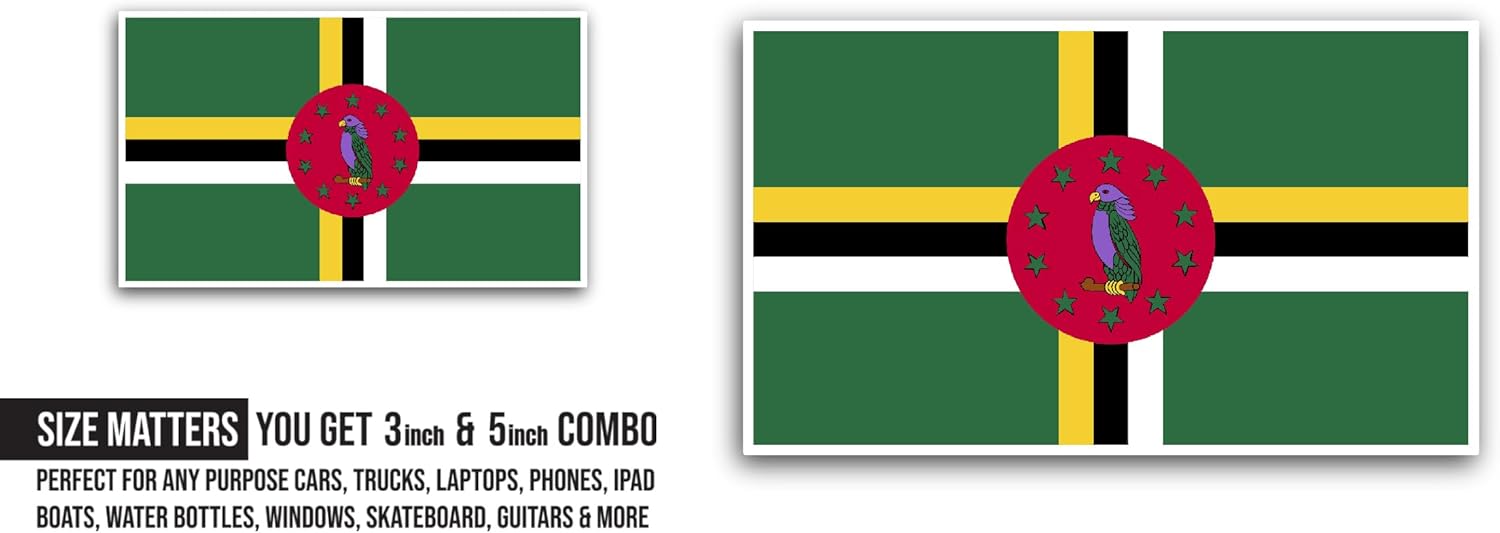2 (Pieces) 3" and 5" Dominica Flag Sticker, Waterproof Vinyl Decals for Many Purpose Like Cars, Trucks, Laptops, Phones, Windows and More
