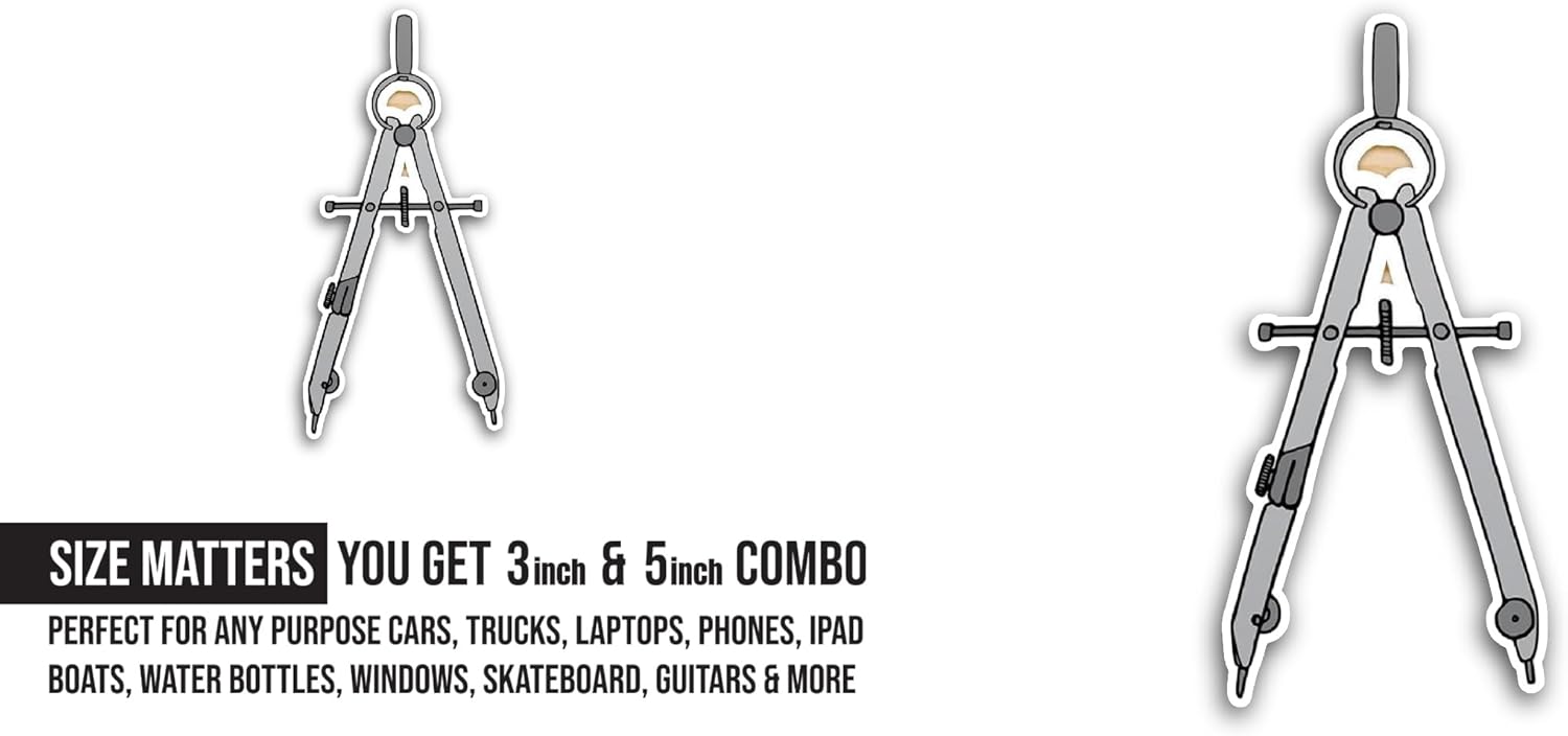 2 (Pieces) 3" and 5" Pair of Compasses Sticker, Waterproof Vinyl Decals for Many Purpose Like Cars, Trucks, Laptops, Phones, Windows and More