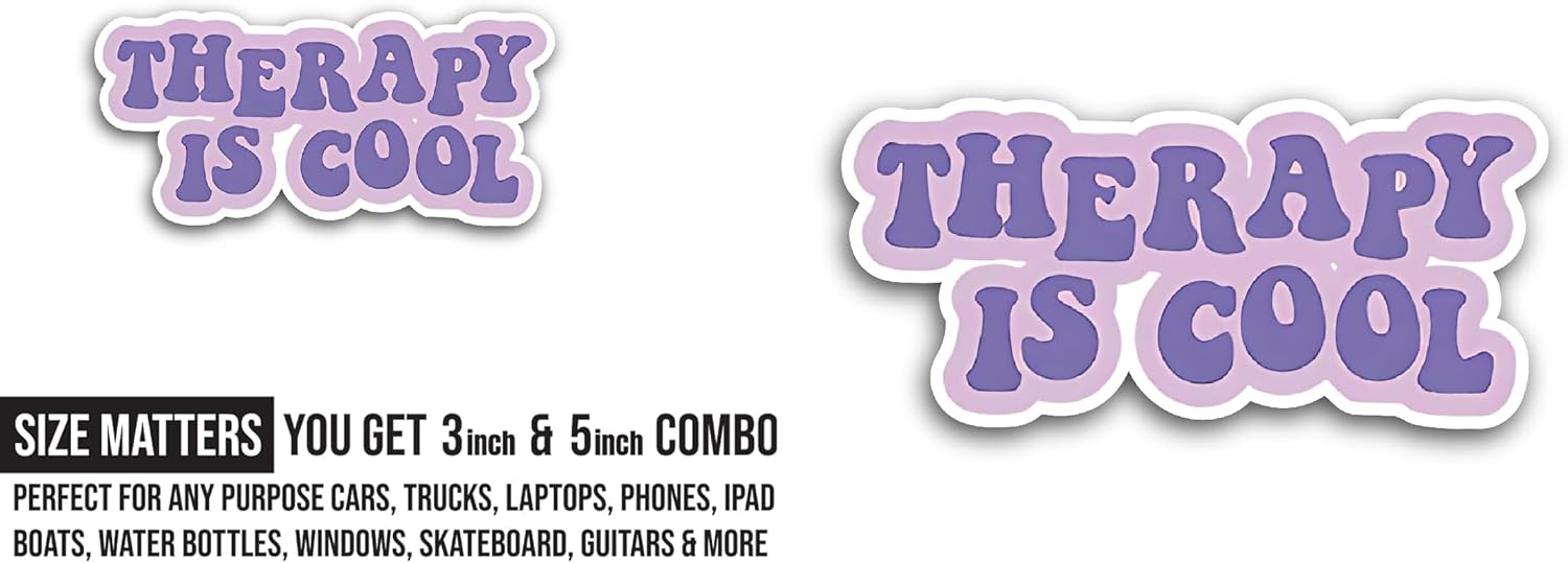 2 (Pieces) 3" and 5" Therapy is Cool Text Sticker, Waterproof Vinyl Decals for Many Purpose Like Cars, Trucks, Laptops, Phones, Windows and More