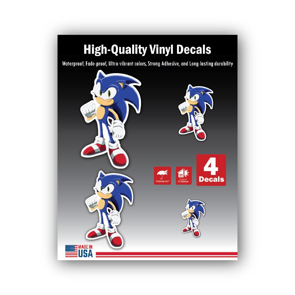 4-Piece 4 Sizes Cute Blue Hedgehog Vinyl Decal Set – Waterproof Indoor/Outdoor UV/Fade Resistant Sti