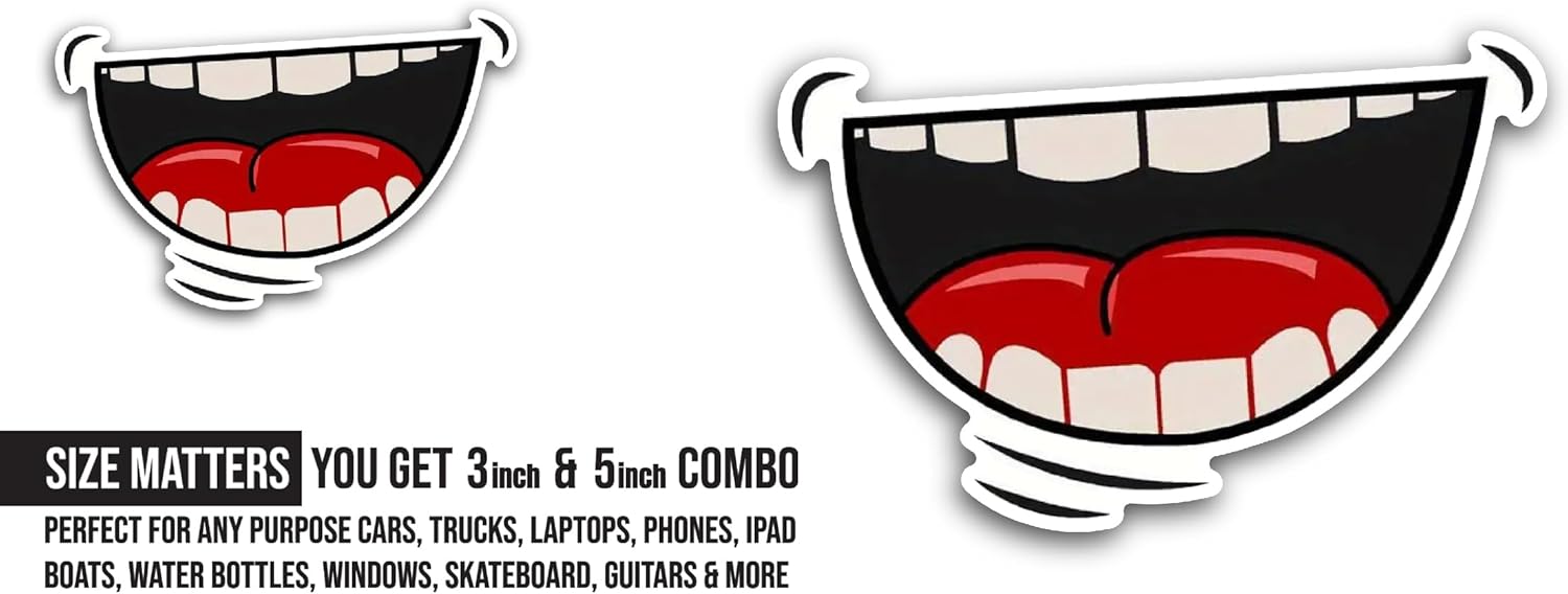 2 (Pieces) 3" and 5" Smiley Mouth Sticker, Waterproof Vinyl Decals for Many Purpose Like Cars, Trucks, Laptops, Phones, Windows and More