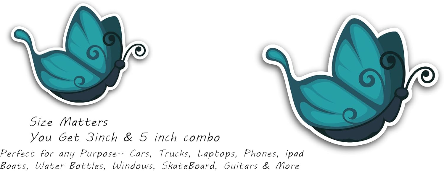 2 (Pieces) 3" and 5" Blue Butterfly Cartoon Sticker, Waterproof Vinyl Decals for Many Purpose Like Cars, Trucks, Laptops, Phones, Windows and More