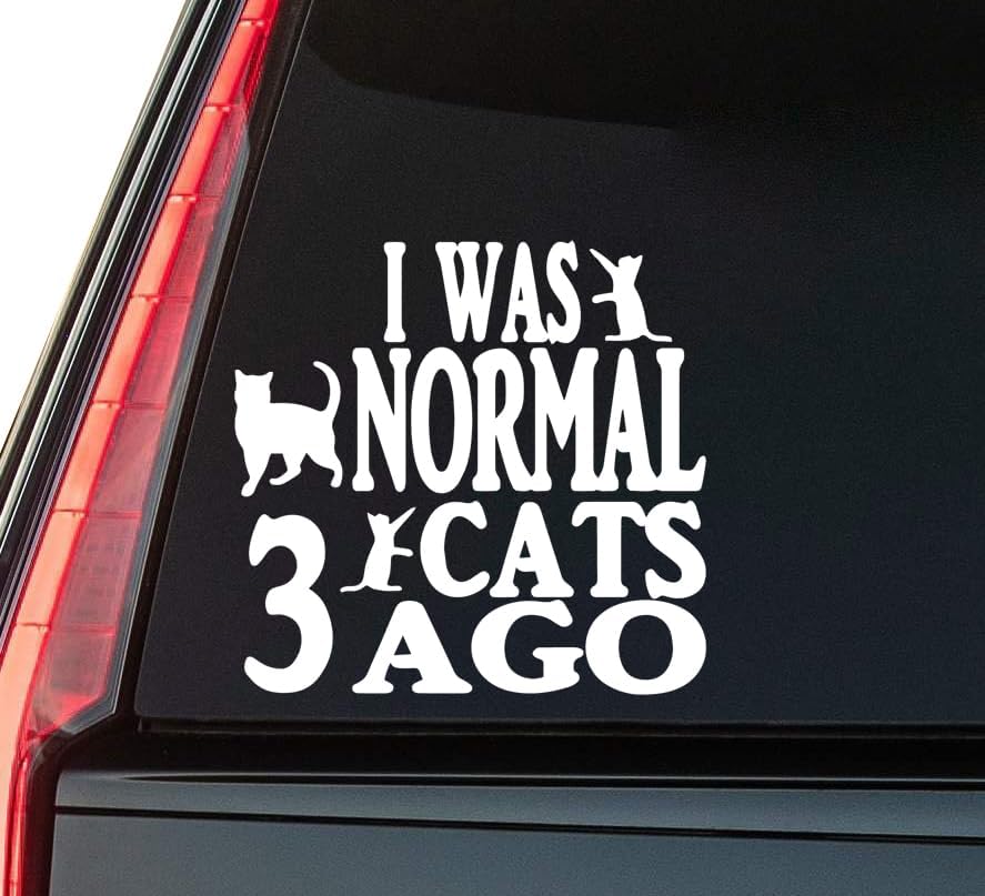 I was Normal Three Cats Ago Window Vinyl Decal Sticker 6" (White), Waterproof Vinyl Decals for Many Purpose Like Cars, Trucks, Laptops, Phones, Windows and More