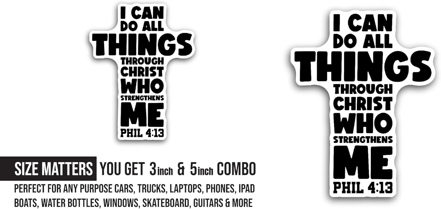 2 (Pieces) 3" and 5" I Can Do All Things Through Christ Text in Cross Sticker, Waterproof Vinyl Decals for Many Purpose Like Cars, Trucks, Laptops, Phones, Windows and More