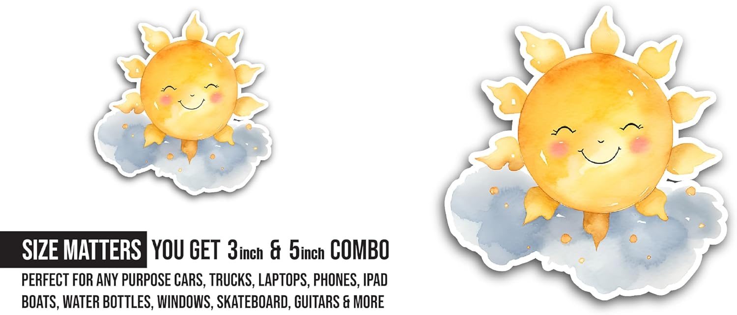2 (Pieces) 3" and 5" Cute Smiling Sun Sticker, Waterproof Vinyl Decals for Many Purpose Like Cars, Trucks, Laptops, Phones, Windows and More