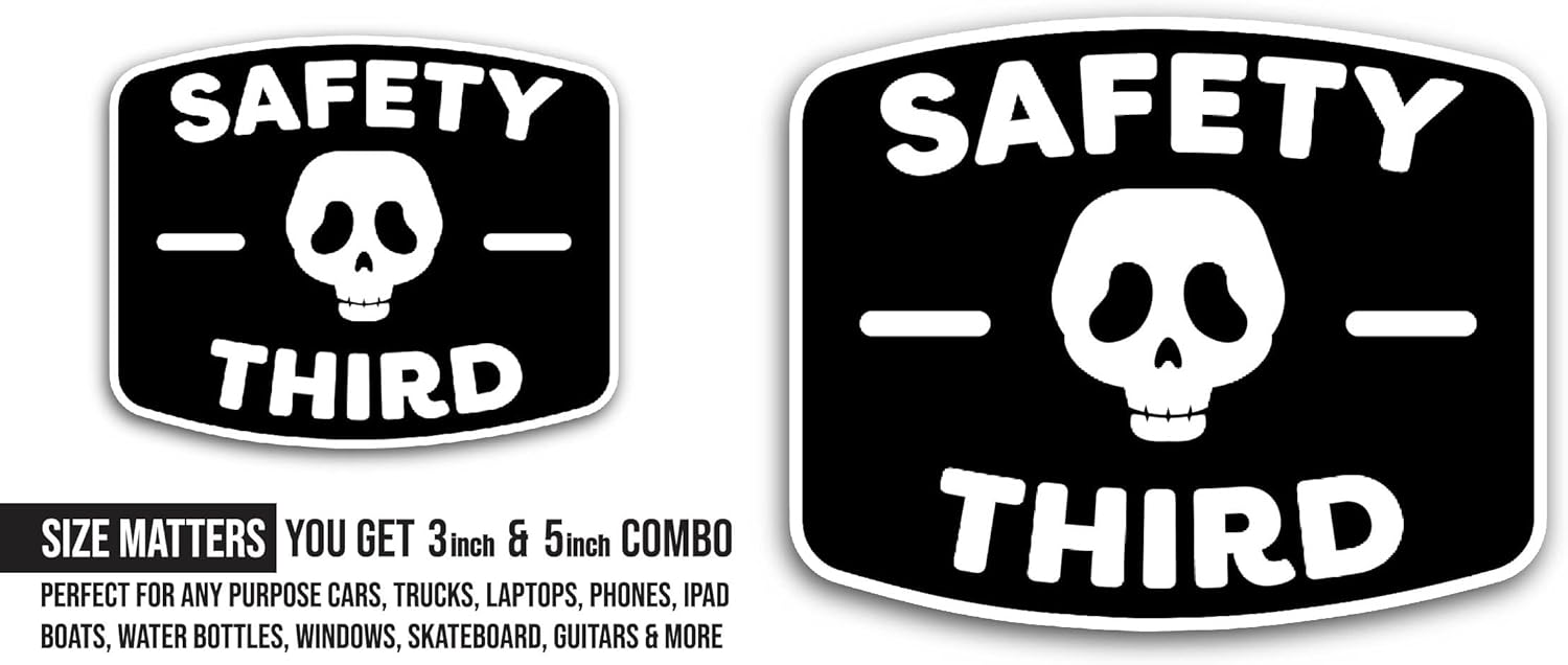 2 (Pieces) 3" and 5" Safety Third Text Sticker, Waterproof Vinyl Decals for Many Purpose Like Cars, Trucks, Laptops, Phones, Windows and More
