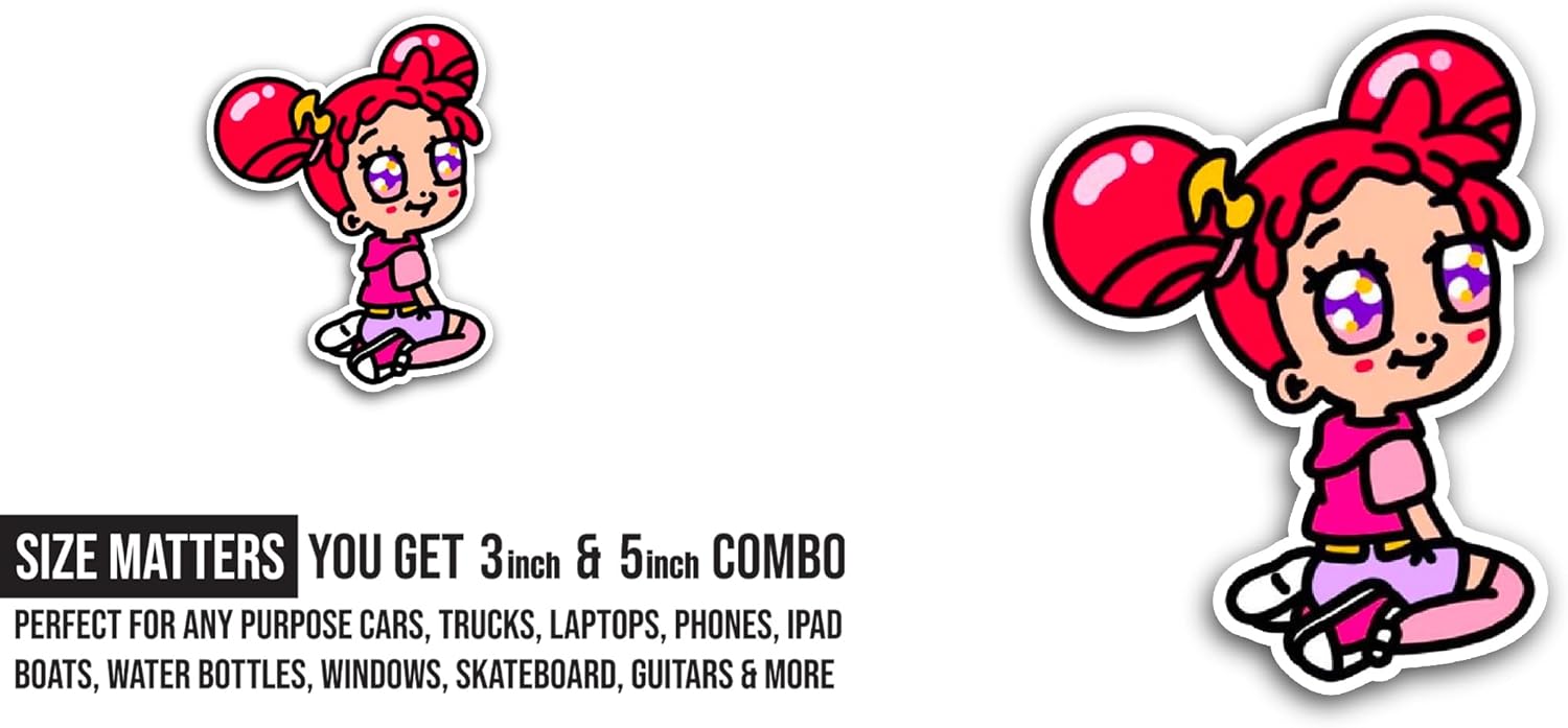 2 (Pieces) 3" and 5" Anime Cartoon Girl Sticker, Waterproof Vinyl Decals for Many Purpose Like Cars, Trucks, Laptops, Phones, Windows and More