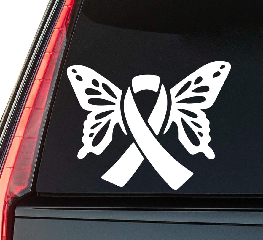 Butterfly Wings and Ribbon Window Vinyl Decal Sticker 6" (White), Waterproof Vinyl Decals for Many Purpose Like Cars, Trucks, Laptops, Phones, Windows and More