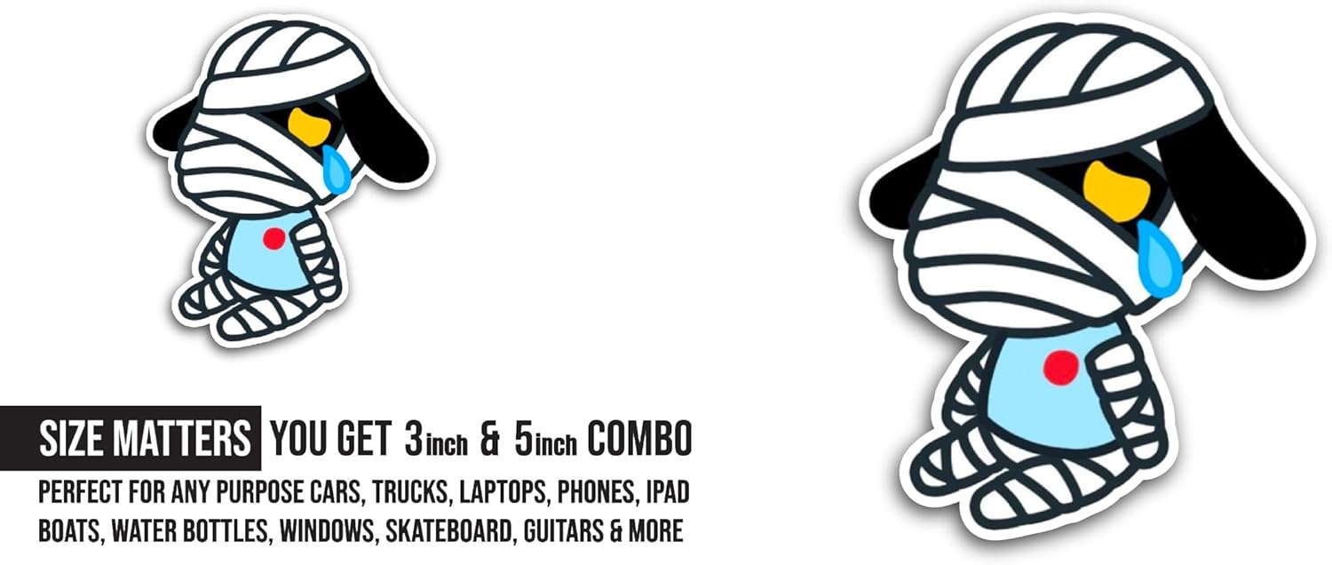 2 (Pieces) 3" and 5" Cartoon Mummy Dog Sticker, Waterproof Vinyl Decals for Many Purpose Like Cars, Trucks, Laptops, Phones, Windows and More