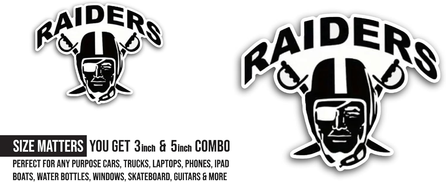 2 (Pieces) 3" and 5" Raiders Text Sticker, Waterproof Vinyl Decals for Many Purpose Like Cars, Trucks, Laptops, Phones, Windows and More