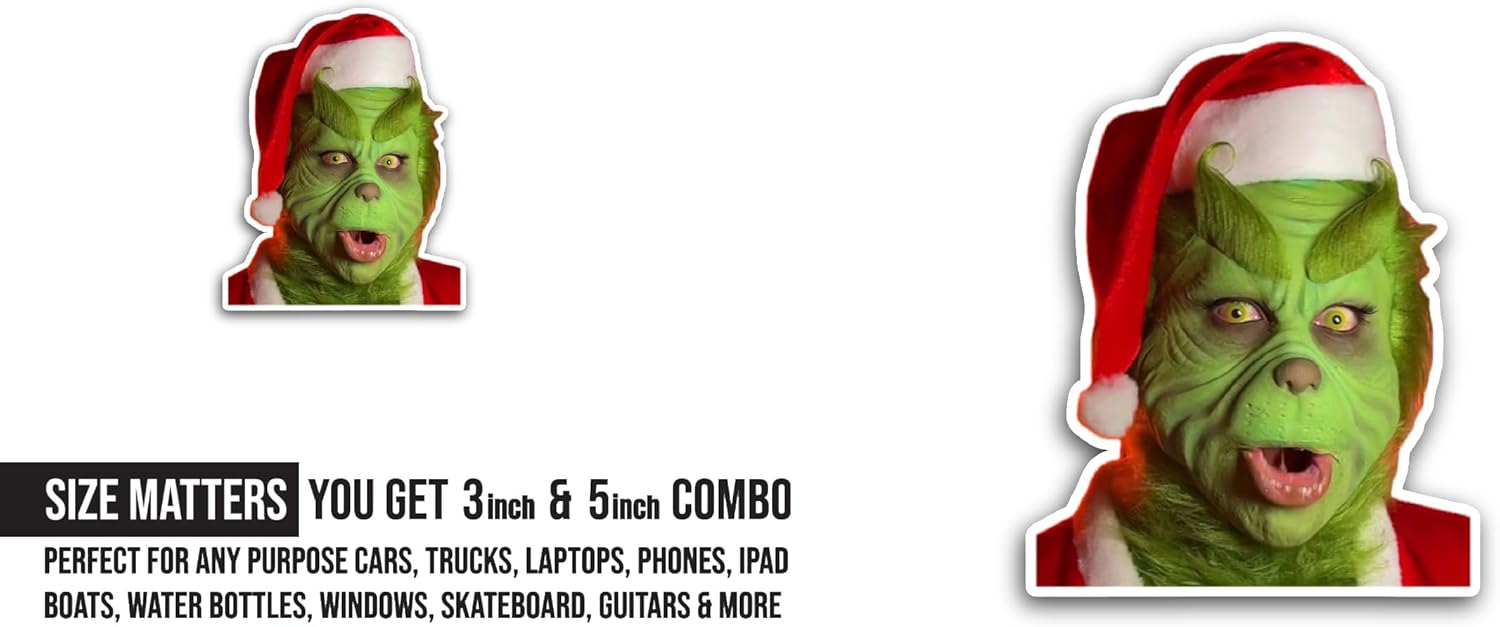 2 (Pieces) 3" and 5" Grinch Santa Sticker, Waterproof Vinyl Decals for Many Purpose Like Cars, Trucks, Laptops, Phones, Windows and More