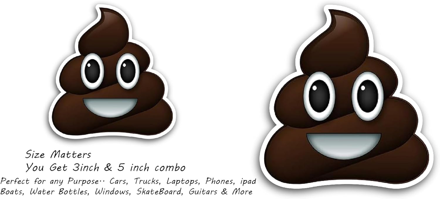 2 (Pieces) 3" and 5" Poop Cartoon Sticker, Waterproof Vinyl Decals for Many Purpose Like Cars, Trucks, Laptops, Phones, Windows and More