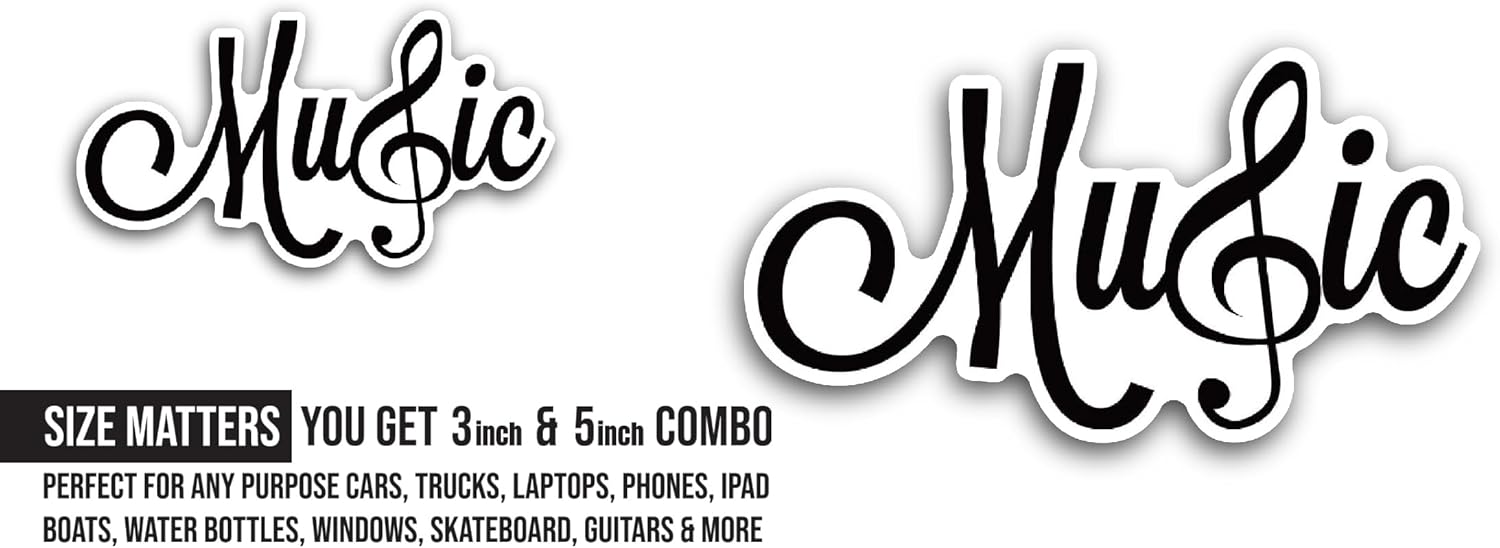 2 (Pieces) 3" and 5" Music Text Sticker, Waterproof Vinyl Decals for Many Purpose Like Cars, Trucks, Laptops, Phones, Windows and More
